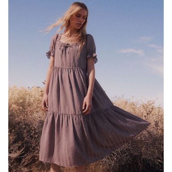 NWT MADEWELL SMALL Square-Neck Tiered Midi Dress in Textured Seersucker NE737 - Picture 1 of 12